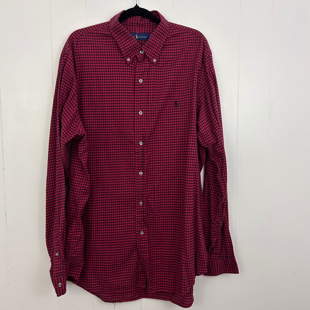 Ralph Lauren Mens XL Gingham Button Down Shirt Red Black Long Sleeve Cotton